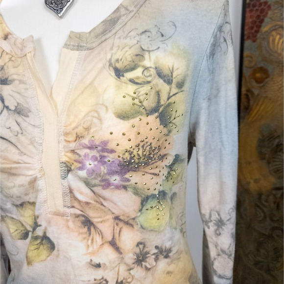 Y2K Fairy Floral Henley Top Womens Sheer Long Sleeve‎ Rhinestone Detail - Picture 6 of 7